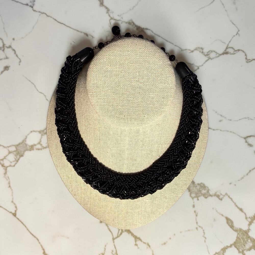 VTG 50’s Chunky Black Seed Bead Necklace Woven Braided Boho Collar Statement MCM